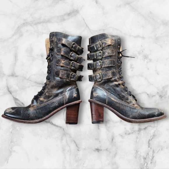 🩶Rare- BED|STÜ "Fiona" Distressed Leather Moto Victorian Combat Boots - Picture 5 of 16